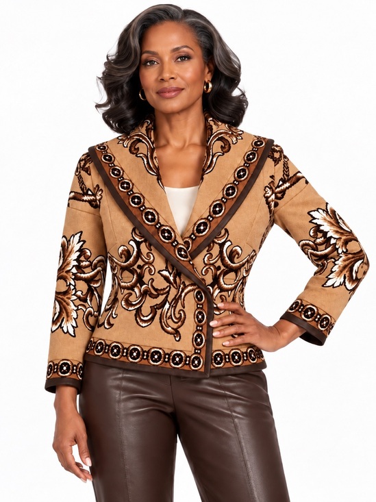St. John Jackets & Blazers - St John Elegant Tan Embroidered  Quilt Blazer Jacket Brown Leather Trim 6